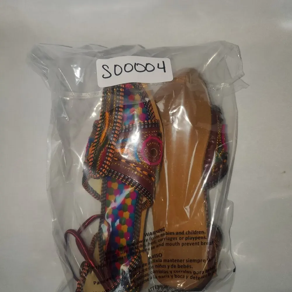 VTG Handmade Leather Embroidered Ethnic Colorful Kids Sandals Size 5